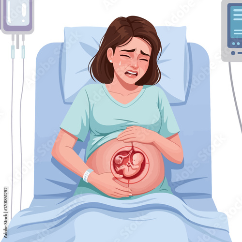 Distressed pregnant woman in hospital bed experiencing intense labor pain, fetal distress visualized