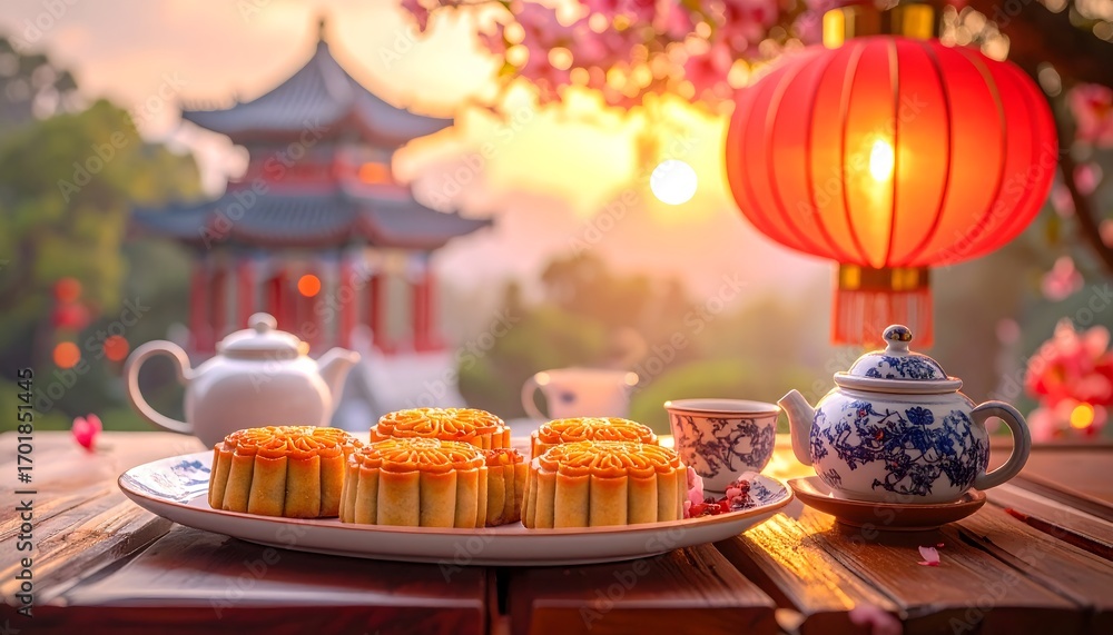 Obraz premium Mooncakes with Tea and Lantern