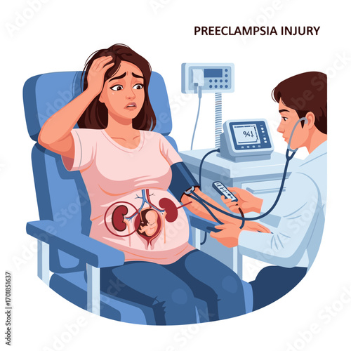 Anxious pregnant woman's blood pressure checked during medical exam for preeclampsia risk