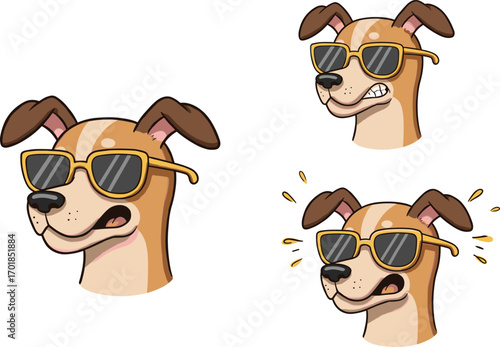 Cartoon dog with yellow sunglasses showing emotions, surprised, mischievous, shocked expressions, character design set, pet reaction vector illustration