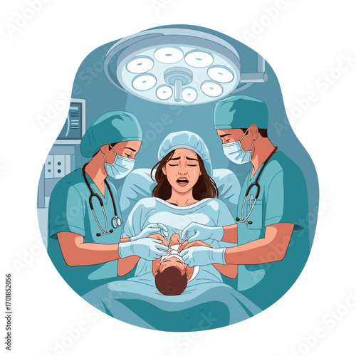 Emotional childbirth scene with crying mother and medical team delivering newborn baby in operating room