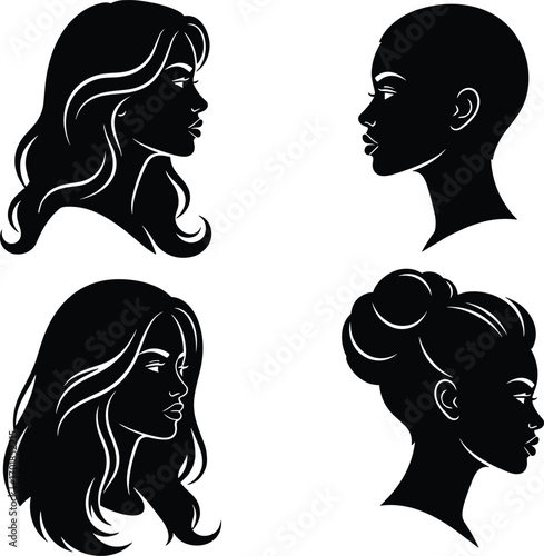 Female hairstyle silhouette set, black profile heads, diverse hair textures, bun, wavy, short styles, beauty reference, fashion, grooming inspiration