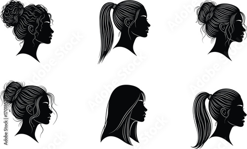 Female hairstyle silhouette set, black profile heads, ponytail, bun, straight hair, messy styles, beauty reference, fashion icon, grooming inspiration