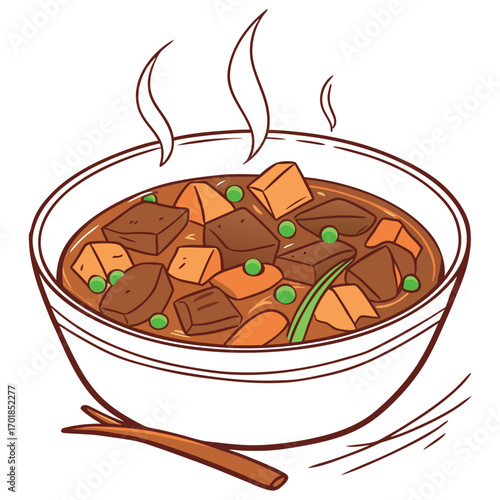 Steaming Bowl of Hearty Beef Stew with Carrots and Peas vector illustration
