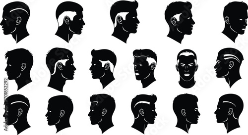 Male hairstyle silhouette collection, modern haircuts, black profile heads, fade styles, undercut designs, barber reference, trendy grooming, haircut inspiration
