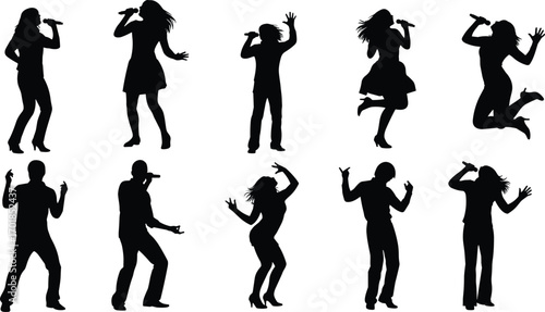 Silhouettes of singers and dancers performing with microphones, energetic poses, music concert vibe, black figures, artistic expression, entertainment scene