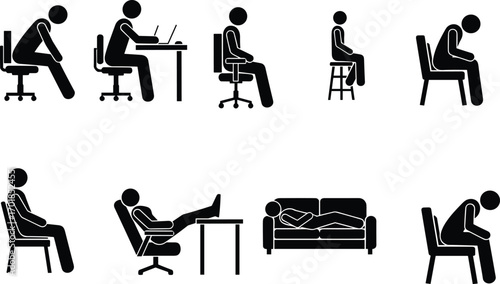 Sitting posture icons, ergonomic positions, office chair silhouettes, reclining poses, desk work vector, slouch upright contrast, black human shapes