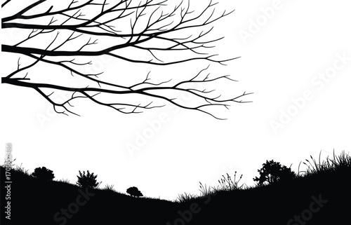 Tree branches, silhouette, black and white, nature, landscape, minimalist, winter, autumn, hill, grass, shrubs, bare tree, contrast, artistic, quiet mood, solitude, seasonal, illustration, vector