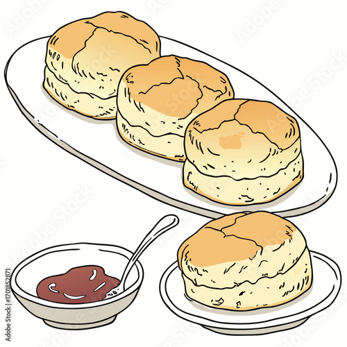 Three Golden Brown Scones on a Platter with Jam and Spoon baked goods pastry