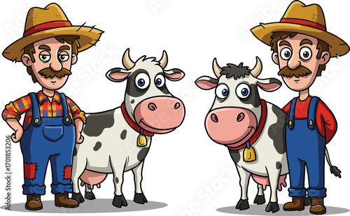 Cartoon farmers with cows in matching outfits, rural livestock scene, expressive characters, agriculture theme, vector farm character design set