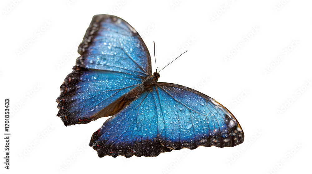 Naklejka premium Blue Butterfly Wings with Water Droplets Closeup on white Background