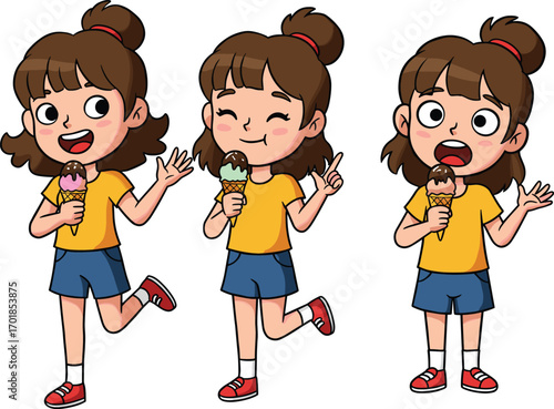 Cartoon girl holding ice cream in expressive poses, smiling, pointing, surprised reactions, summer treat character design vector illustration set