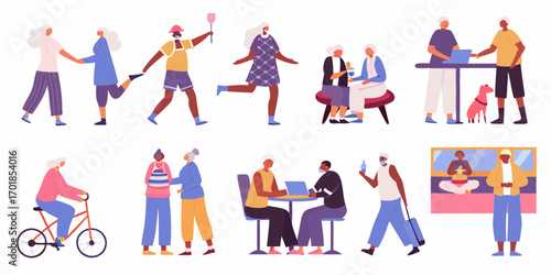 Diverse group of active seniors enjoying various activities and hobbies together in a modern flat illustration style