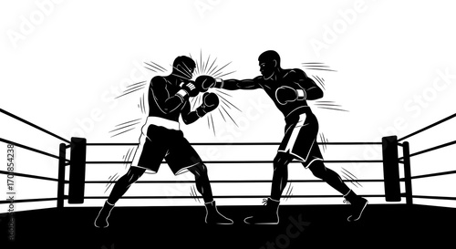 Silhouette of two boxers in a boxing ring, one throwing a punch, the other defending.