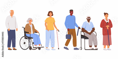 Diverse group of elderly people with mobility aids including wheelchairs and canes standing together