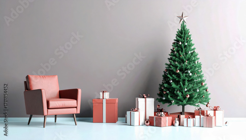 Wallpaper Mural Minimalist Christmas Interior with a Red Armchair and Gifts Torontodigital.ca
