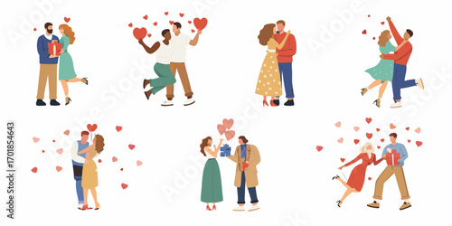Diverse couples celebrating love and romance with gifts and hearts on valentine s day
