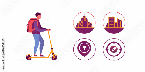 Delivery person with backpack riding electric scooter with city buildings map pin and compass icons