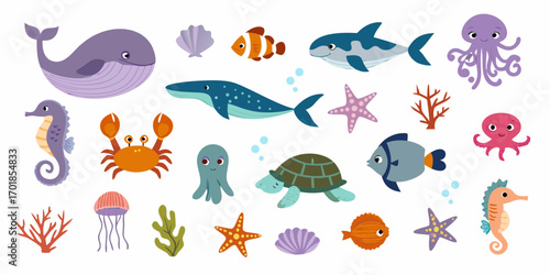 Collection of cute cartoon sea creatures and ocean life elements on white background