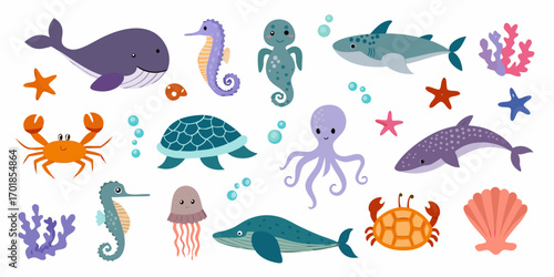 Collection of cute cartoon sea creatures and ocean life with bubbles and coral