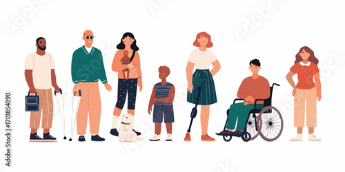 Diverse group of people with disabilities and a service dog standing together