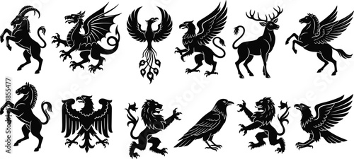 "Heraldic Mythical Creature Silhouettes – Black Fantasy Animal Icons for Medieval Emblem, Coat of Arms, and Vector Design Projects"