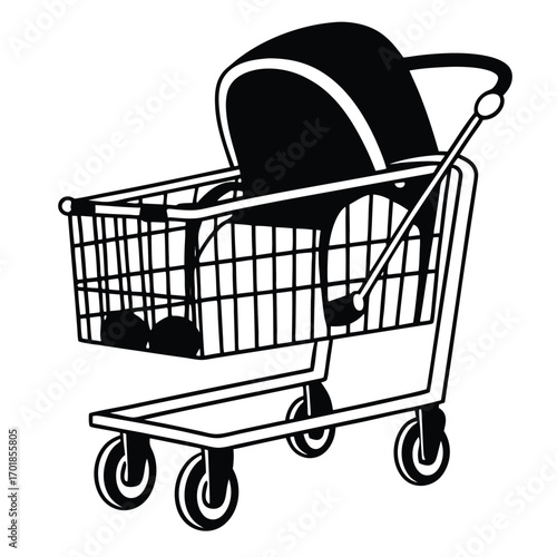Black Silhouette Vector of Shopping Cart with Baby