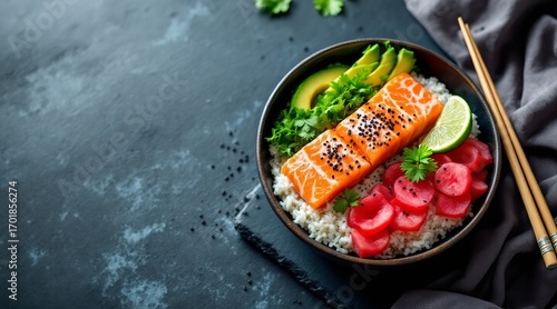 A vibrant salmon poke bowl with avocado, radish, and lime, showcasing a healthy and delicious meal option on a dark background