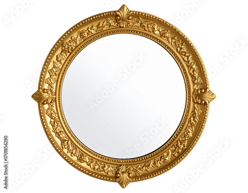 Round Golden Hand Mirror with Decorative Frame, Antique Style, Isolated PNG Object”