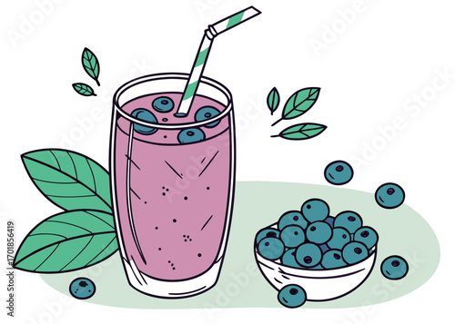 Blueberry Smoothie in Glass with Fresh Berries and Mint