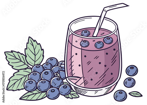 Blueberry Smoothie in Glass with Fresh Berries and Mint