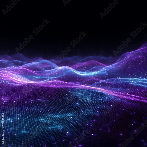 Abstract Digital Terrain with Glowing Blue and Purple Grid Particles