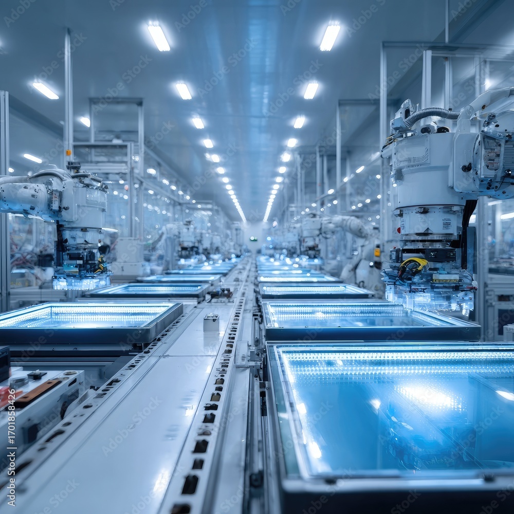 Fototapeta premium Automated assembly line in a modern factory. Rows of robots work on flat panels, moving along a conveyor belt
