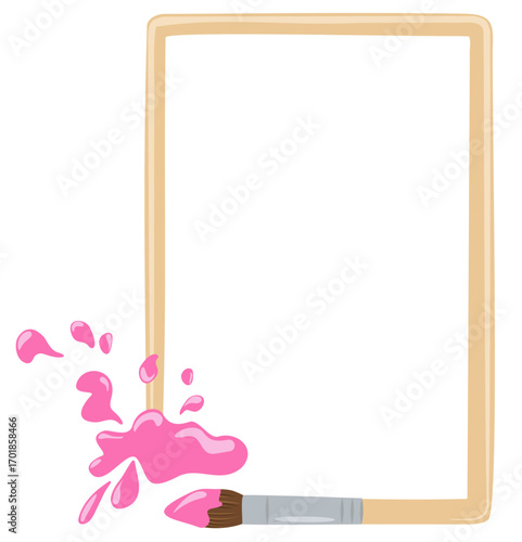 Vertical frame with pink paint splashes and copy space. Paint brush curved into rectangle. Vector isolated empty template for creative works and drawings