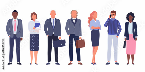 Diverse group of professionals standing together in business attire with briefcases and a phone