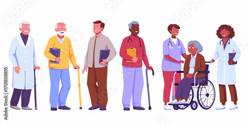 Diverse team of healthcare professionals assisting elderly patients in a medical setting