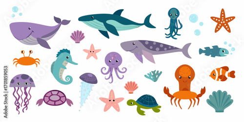 Collection of cute cartoon sea creatures and ocean life illustrations on white background