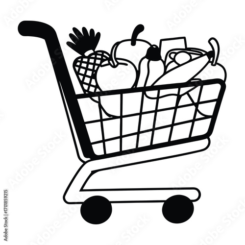 Flat Vector of Shopping Cart with Food Items Outline