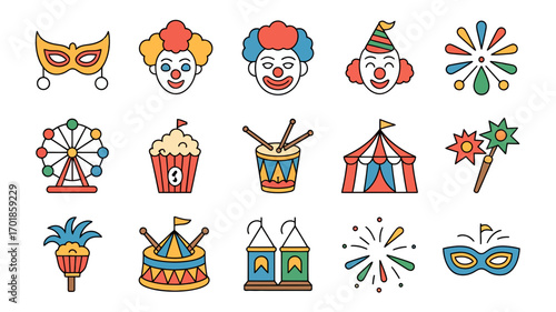 Fun carnival icons, circus elements, and clown faces create a joyful festive atmosphere