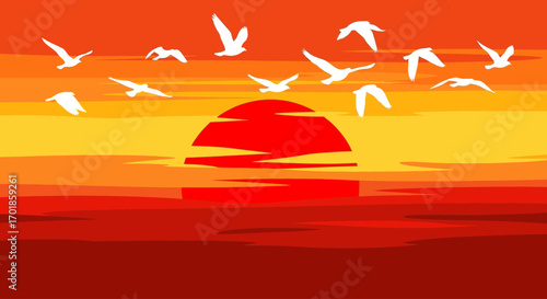 Sunset over the ocean with birds flying vector illustration
