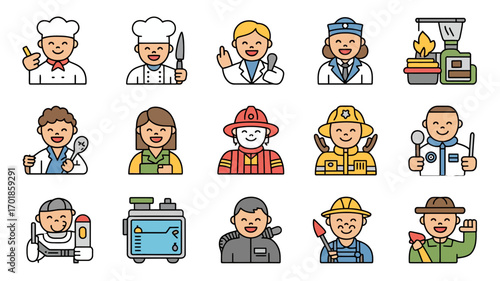 Diverse professions icons, celebrating dedicated workers: chefs, doctors, firefighters, and astronauts