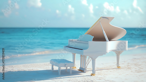 White Grand Piano Musical Instrument with Blue Sea Background on Tropical Beach