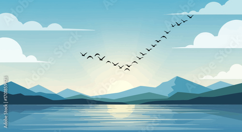 Birds Flying Over Mountains Lake Sunrise Landscape Vector Illustration