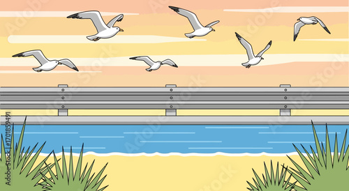 Seagulls Flying Over Calm Water and Industrial Pipe at Sunset