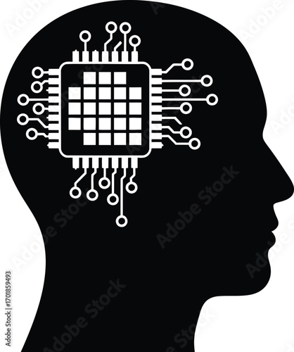 Black and illustration of a human head with a microchip inside, representing artificial intelligence