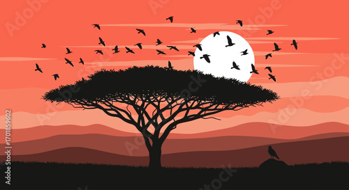 African Sunset Silhouette of Acacia Tree with Birds in Flight