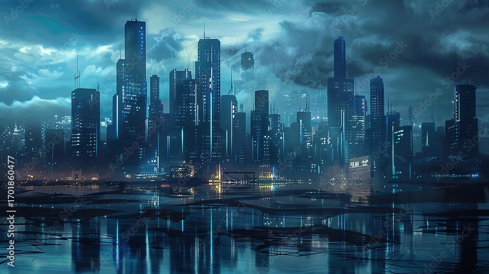 Fototapeta premium Tomorrow’s Skyline: Dazzling Futuristic City Building Scene – Sleek Skyscrapers with Glass Facades That Glow Neon at Dusk, Hovering Transport Pods Zipping Between Towers,