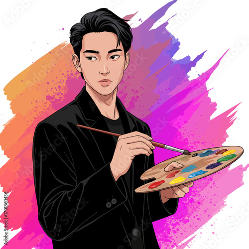 A handsome young Asian man dressed in black, holding a painter's palette and brush against a vibrant, colorful splash background vector illustration