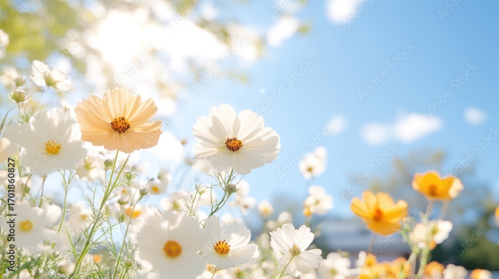 Obraz premium Cosmos Flowers Blooming in Sunshine: A vibrant field of delicate cosmos flowers in full bloom basks in the warm embrace of sunlight against a bright blue sky.