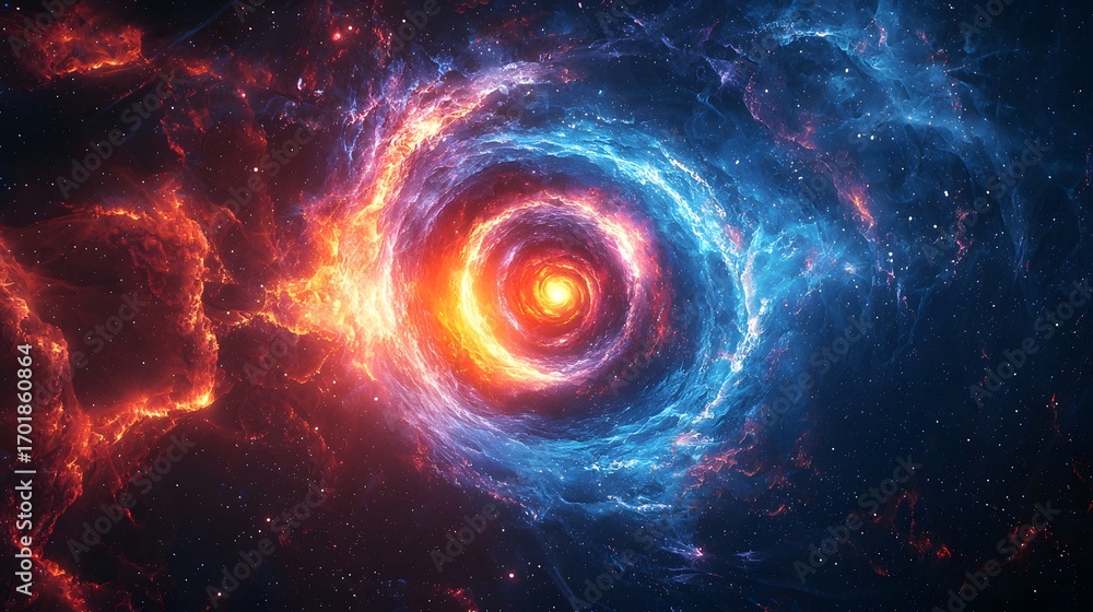 A vibrant swirling vortex of red and blue nebulae, showcasing a dramatic cosmic scene against a starry backdrop.